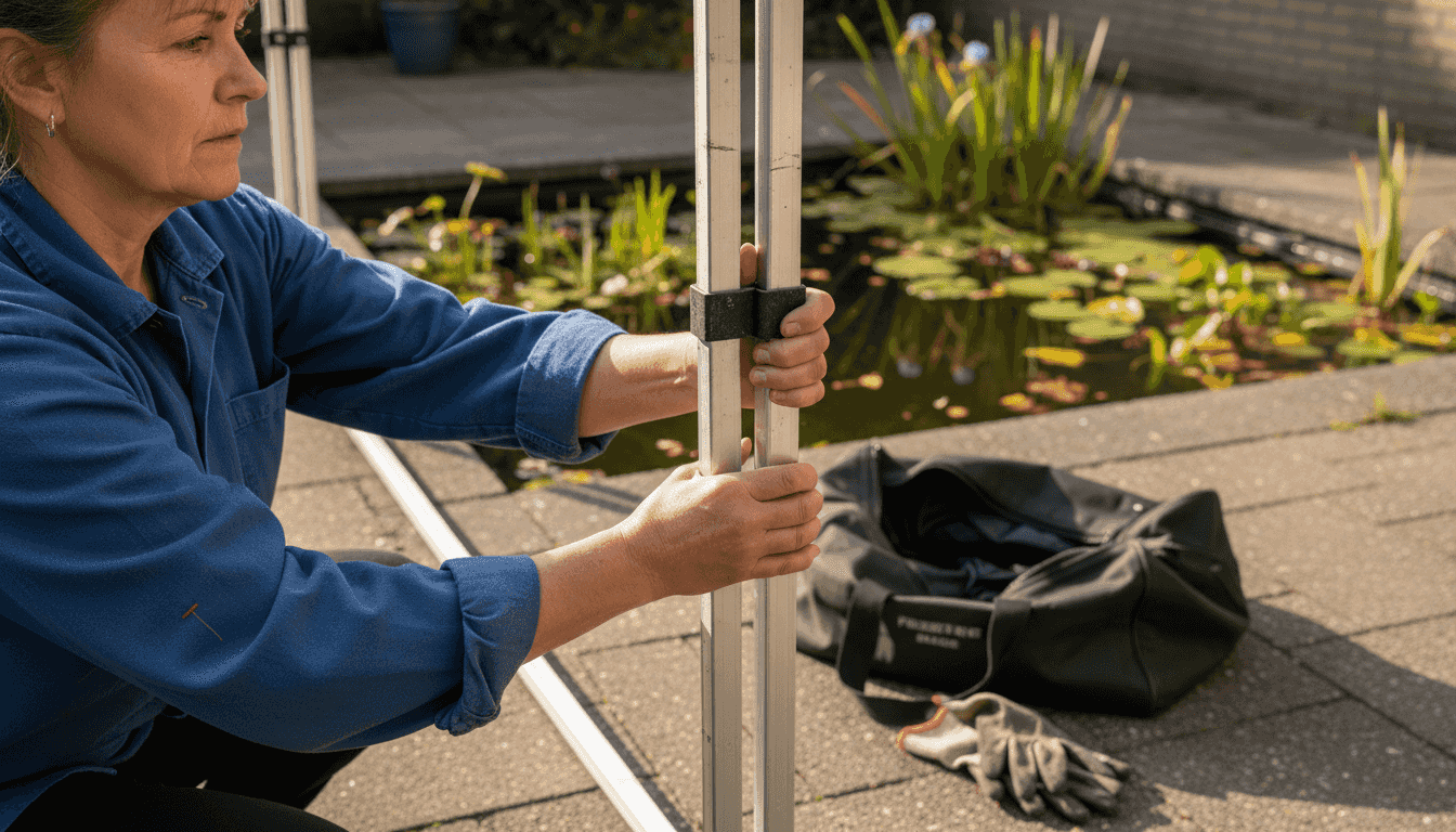 Een vrouw zet buiten het frame van een partytent in elkaar.