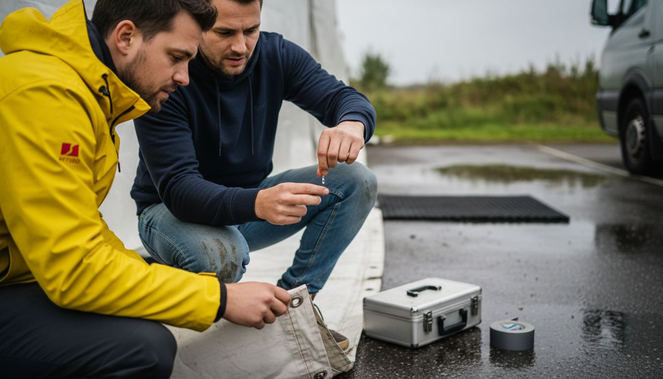 Twee mannen onderzoeken of het tentdoek echt waterdicht is.