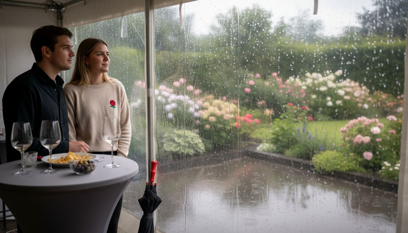 Bezoekers werpen een blik naar buiten door de transparante wanden van de tent.