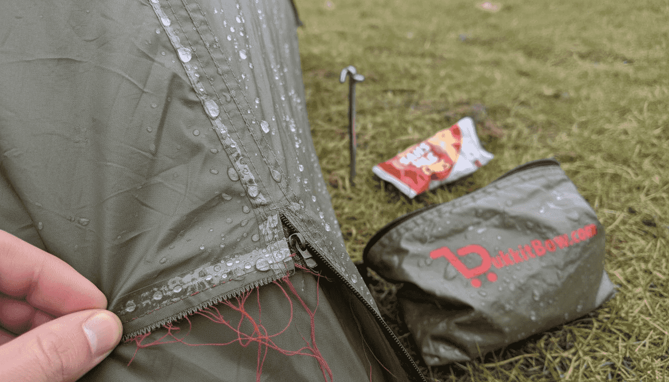 Tentdoek met naden die zijn afgewerkt met een PU-coating, zodat regendruppels geen kans krijgen om naar binnen te sijpelen.