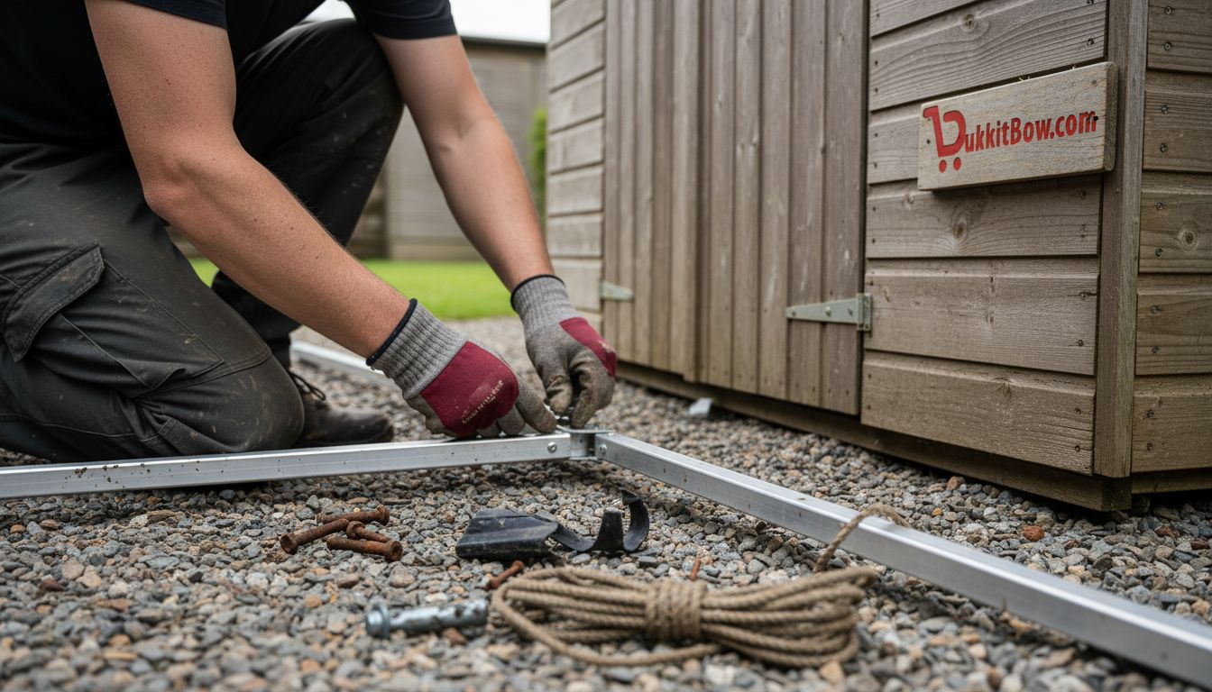 Met de handen het aluminium frame van de tent van dichtbij vastzetten.