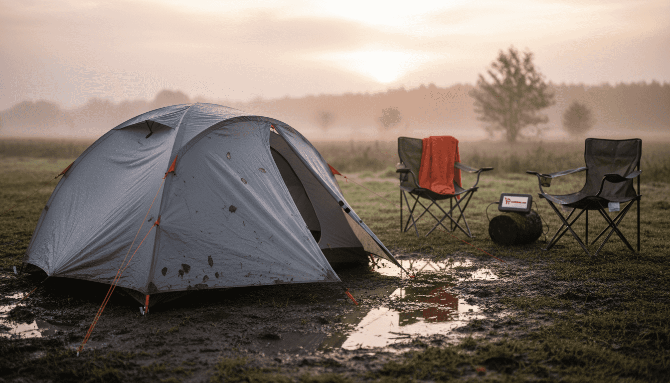 Stevige koepeltent op een drassige, modderige campingplek