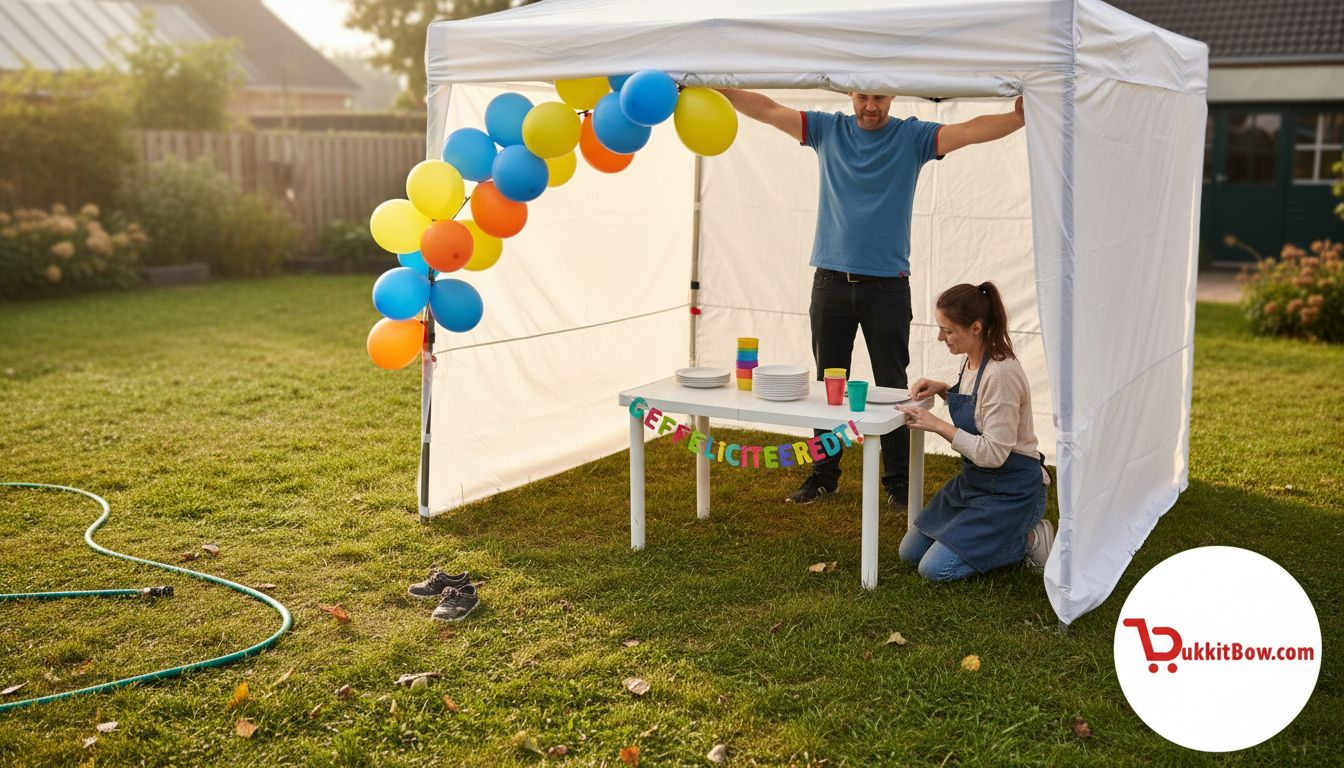 Een gezin zet samen een partytent op in de tuin voor een gezellig feestje.