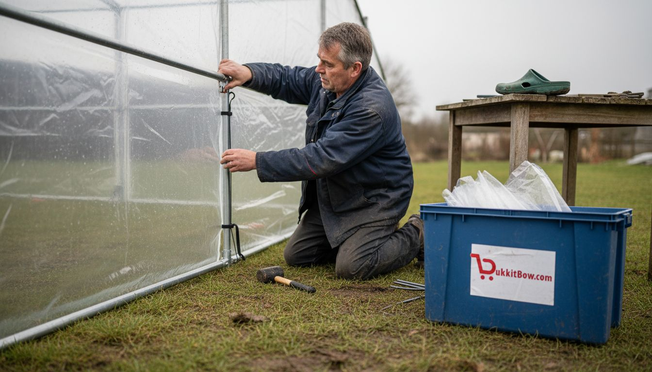 Een man bevestigt een extra stevige zijwand aan zijn partytent.