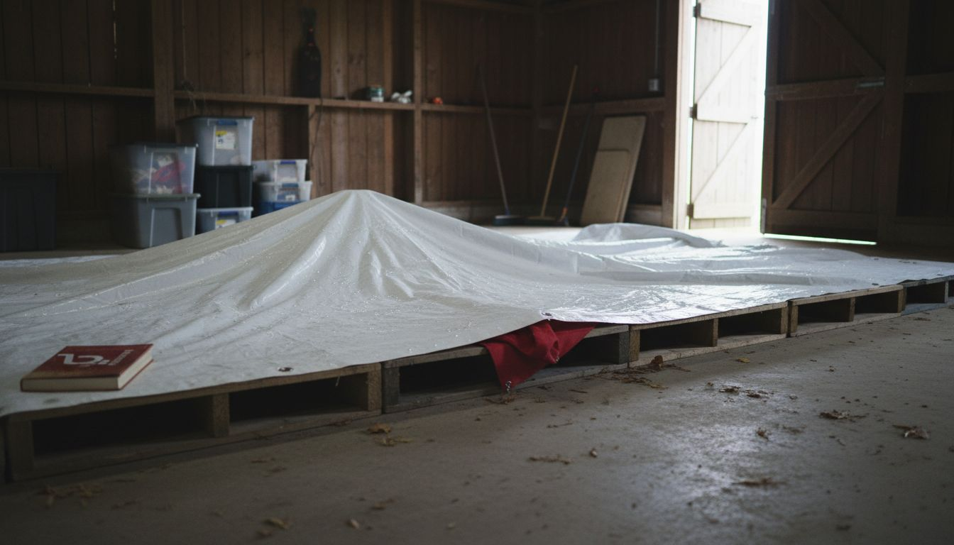 De partytent ligt in de schuur op pallets te drogen.
