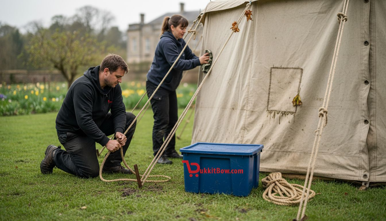 Opbouw van een canvastent en voorbereidingen voor het evenement buiten