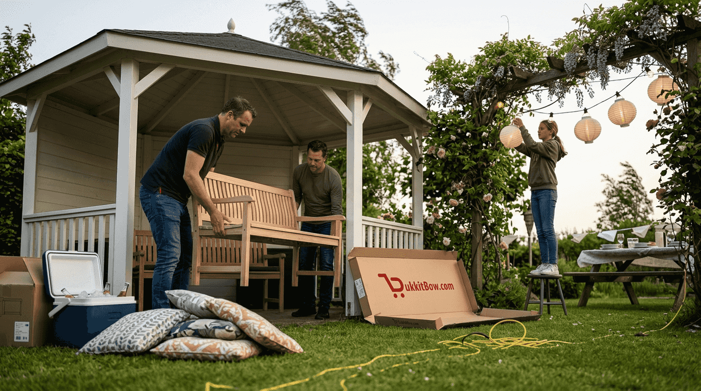 Voor het tuinfeest wordt er een partytent opgezet en sfeerverlichting opgehangen, zodat het extra gezellig is.