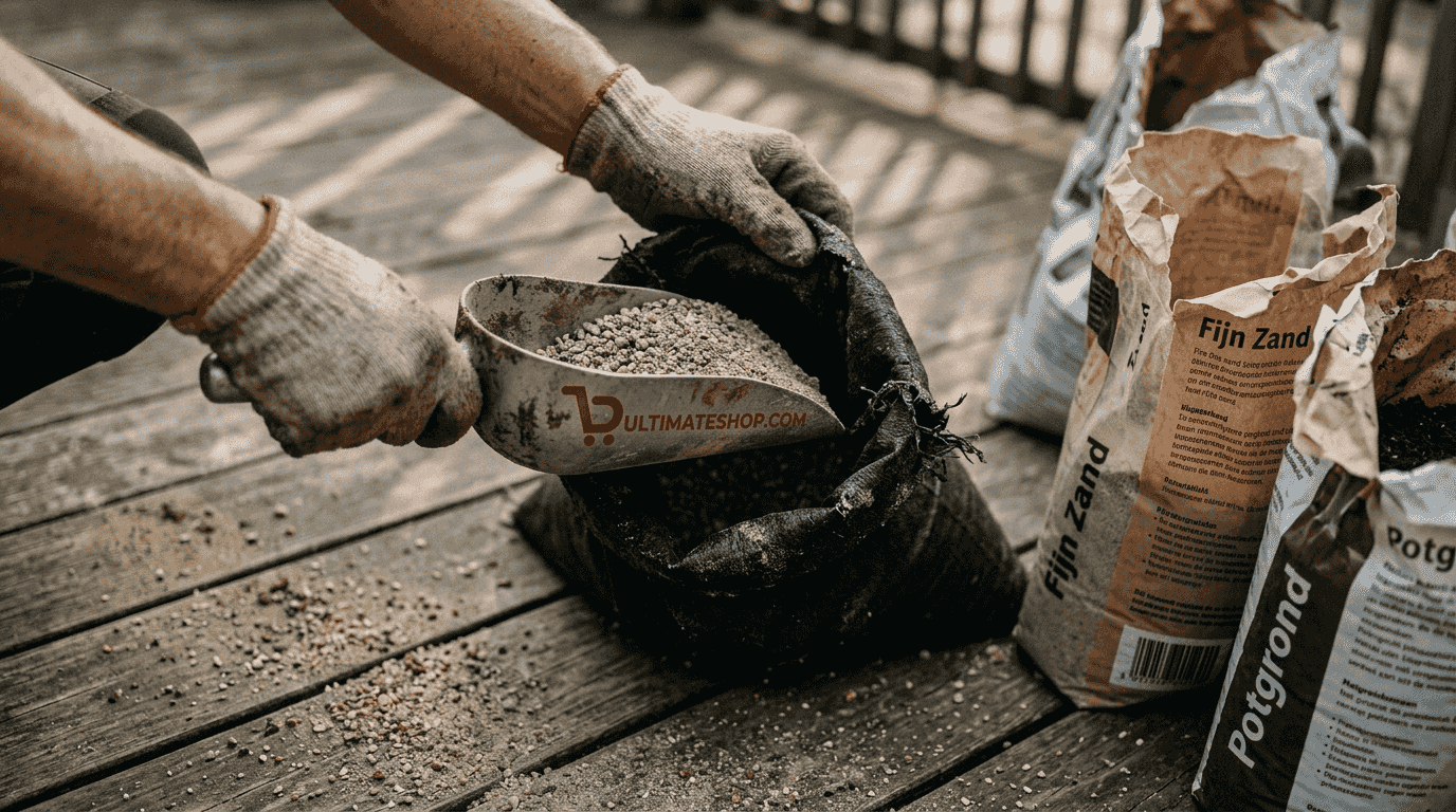 Detailopname van het vullen van een zandzak met grind en zand