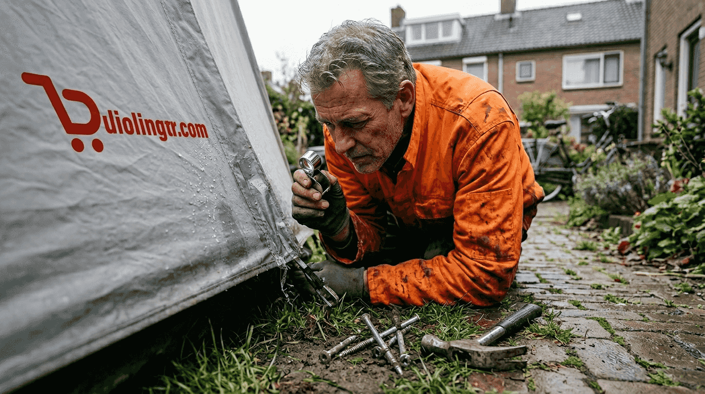 Een man bekijkt aandachtig de met tape afgeplakte tentnaad in zijn voortuin.