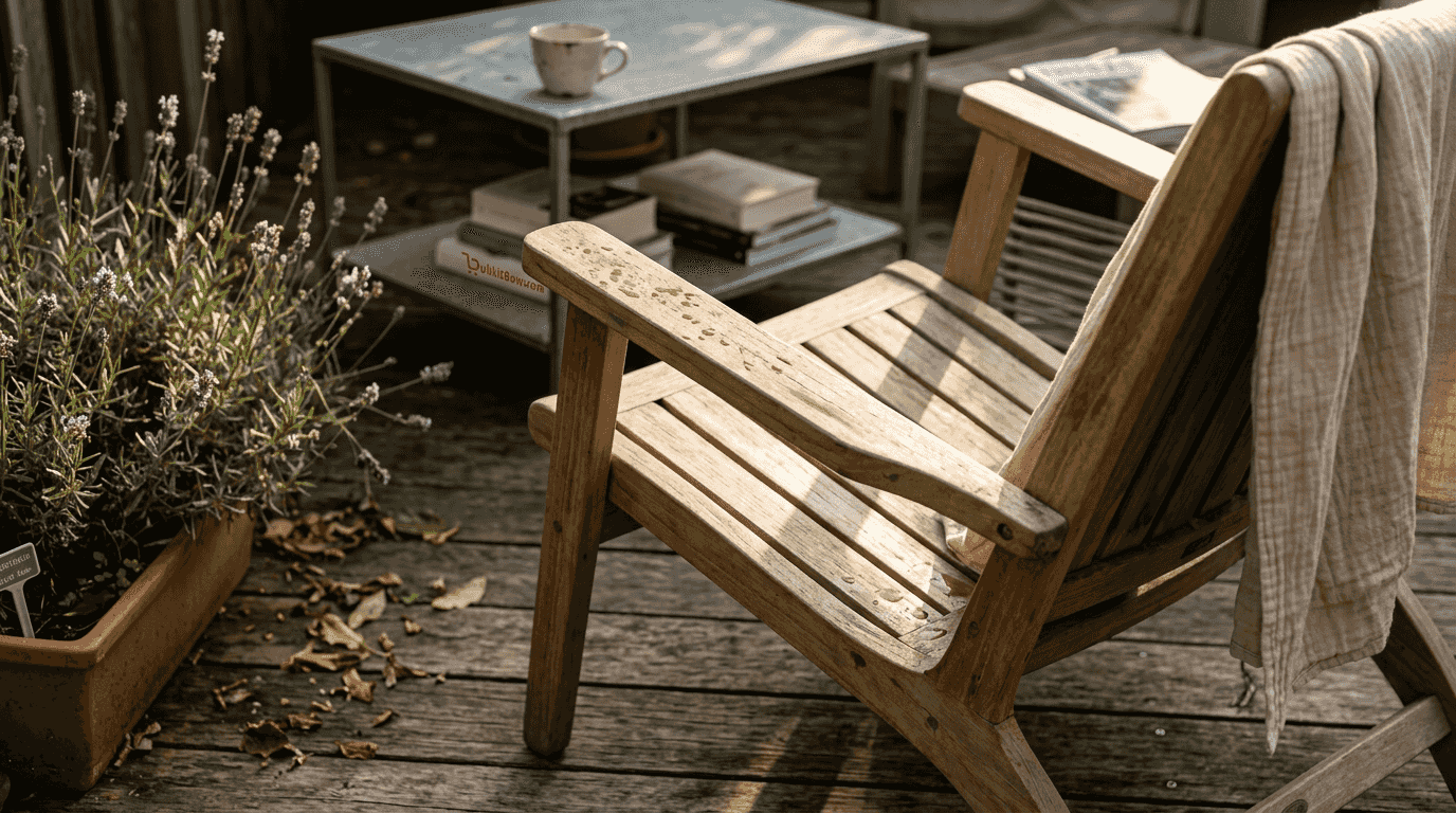 Loungestoel van verweerd teakhout met bijpassende tuinset