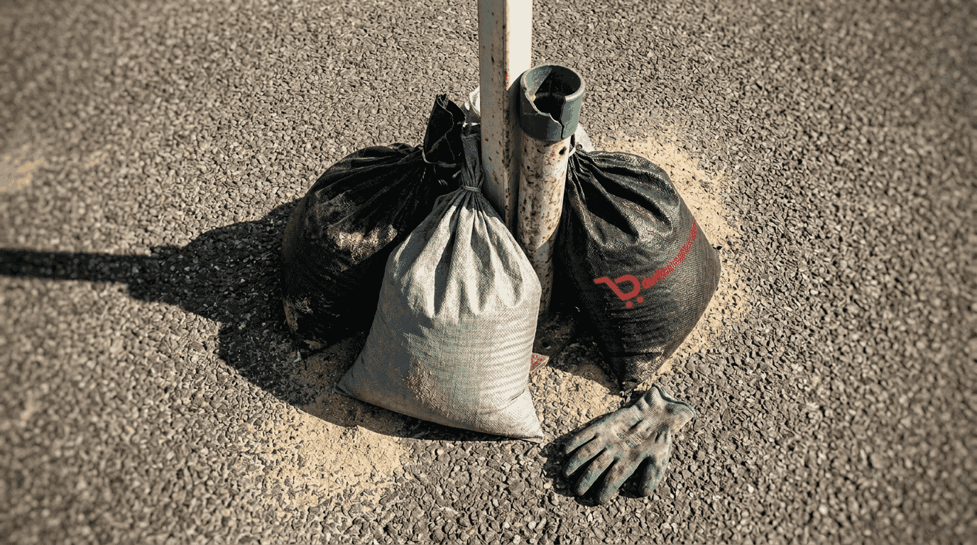 Zandzakken om de poten van de feesttent op het asfalt leggen