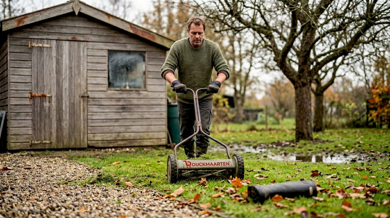 Man geeft het gazon een laatste maaibeurt voordat de winter begint.