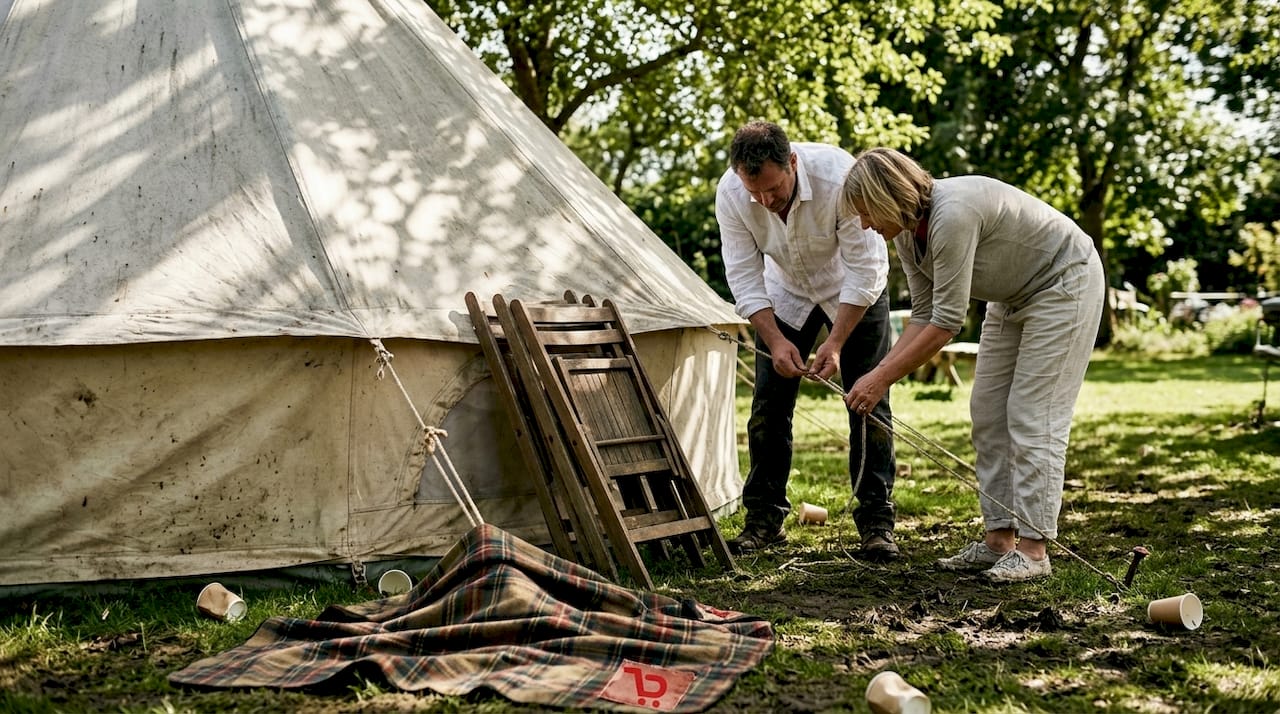 Het canvas tentdoek bij een buitenevenement opnieuw goed vastzetten