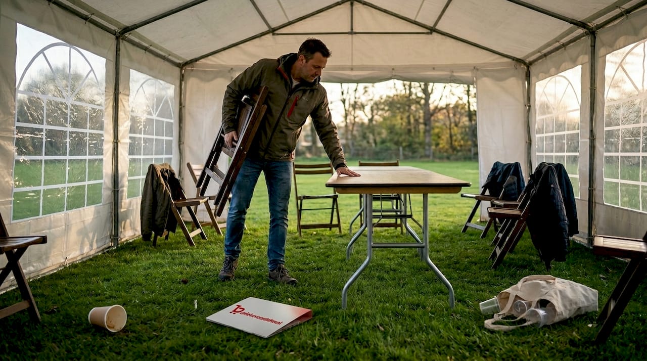 In de rechthoekige tent staan tafels en stoelen opgesteld, waardoor er een gezellige binnenruimte ontstaat.