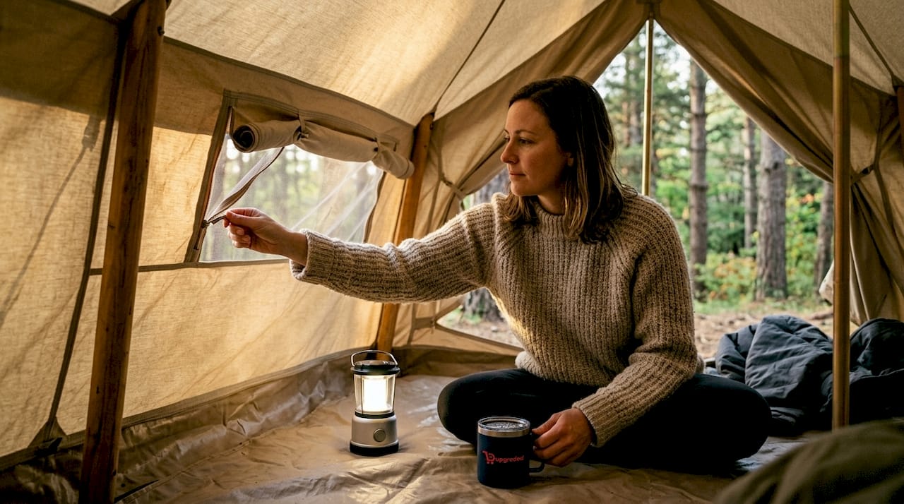 Een vrouw laat haar canvas tent even luchten op de camping.