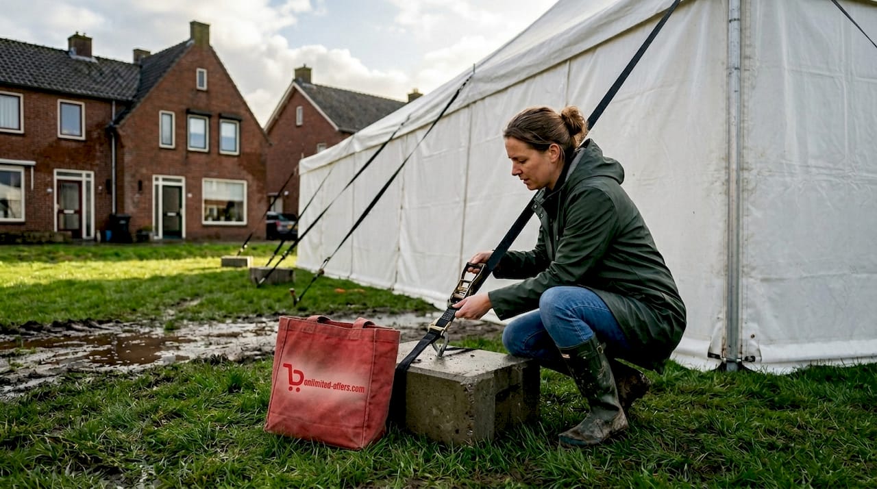 Terwijl het regent, zet een vrouw de stormband stevig vast aan haar tent.