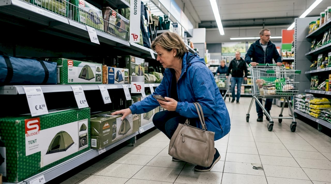 Een vrouw bekijkt en vergelijkt verschillende tentdozen in het gangpad van de winkel.