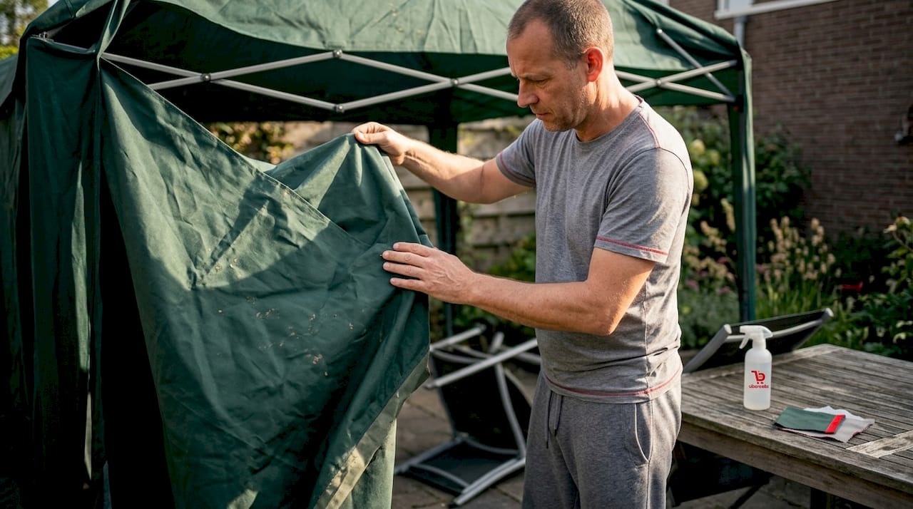 Een man inspecteert zorgvuldig de kleur en afwerking van het tentdoek.