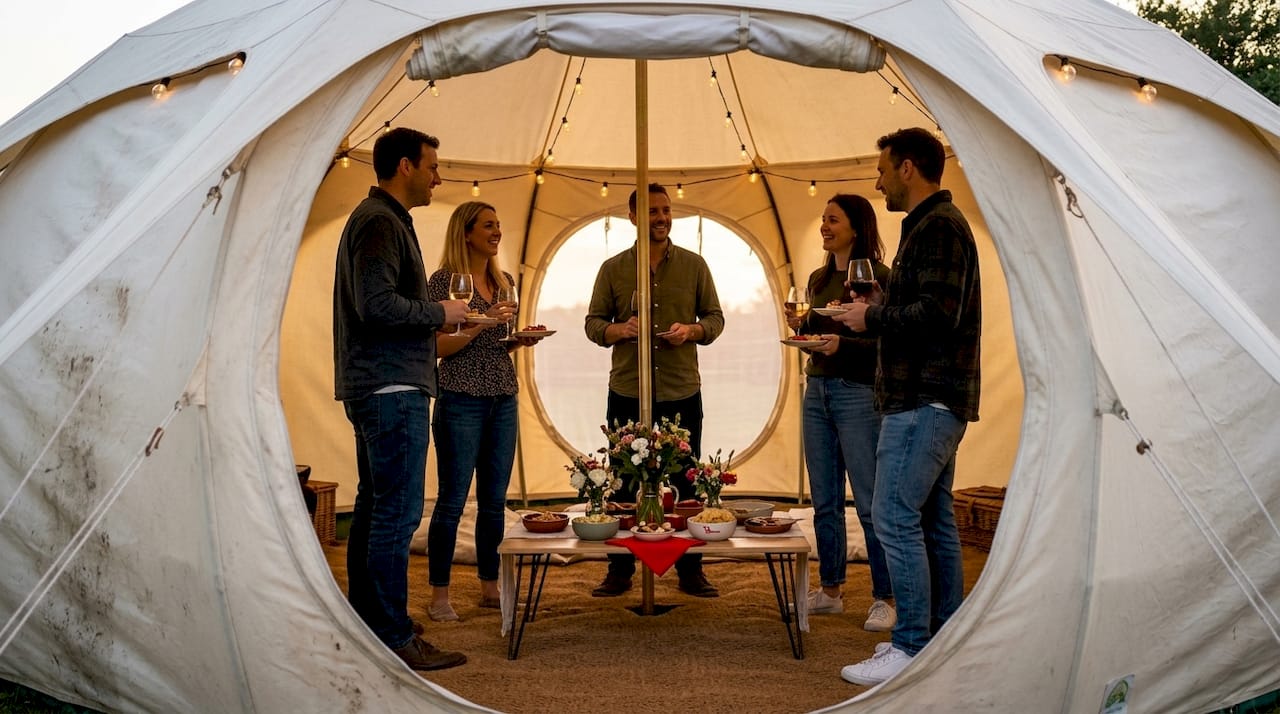 Binnen in de ronde feesttent staan de gasten gezellig met elkaar te praten.