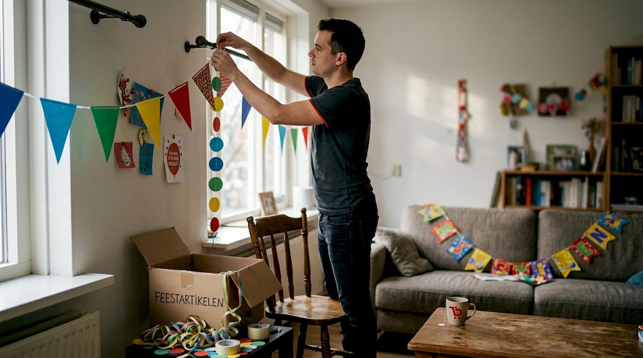 Een man is bezig papieren slingers op te hangen in de woonkamer.