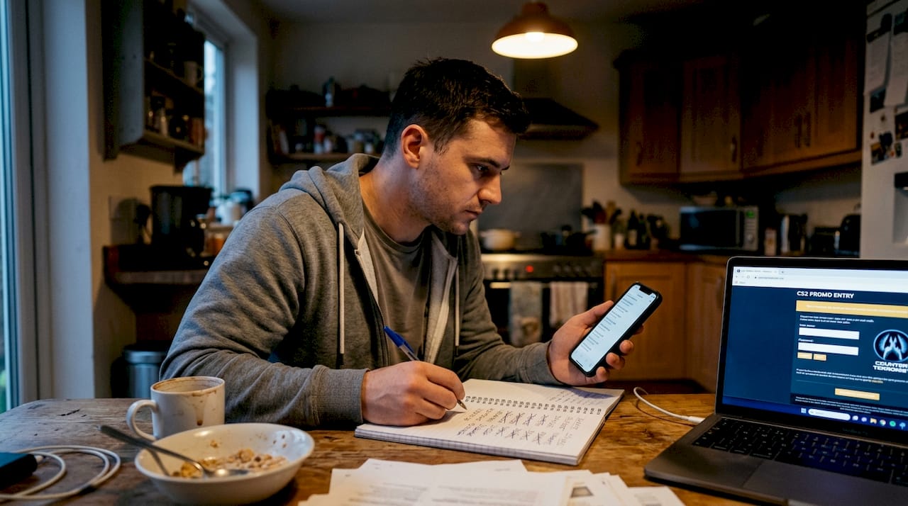 Skin trader writing CS2 promo codes kitchen