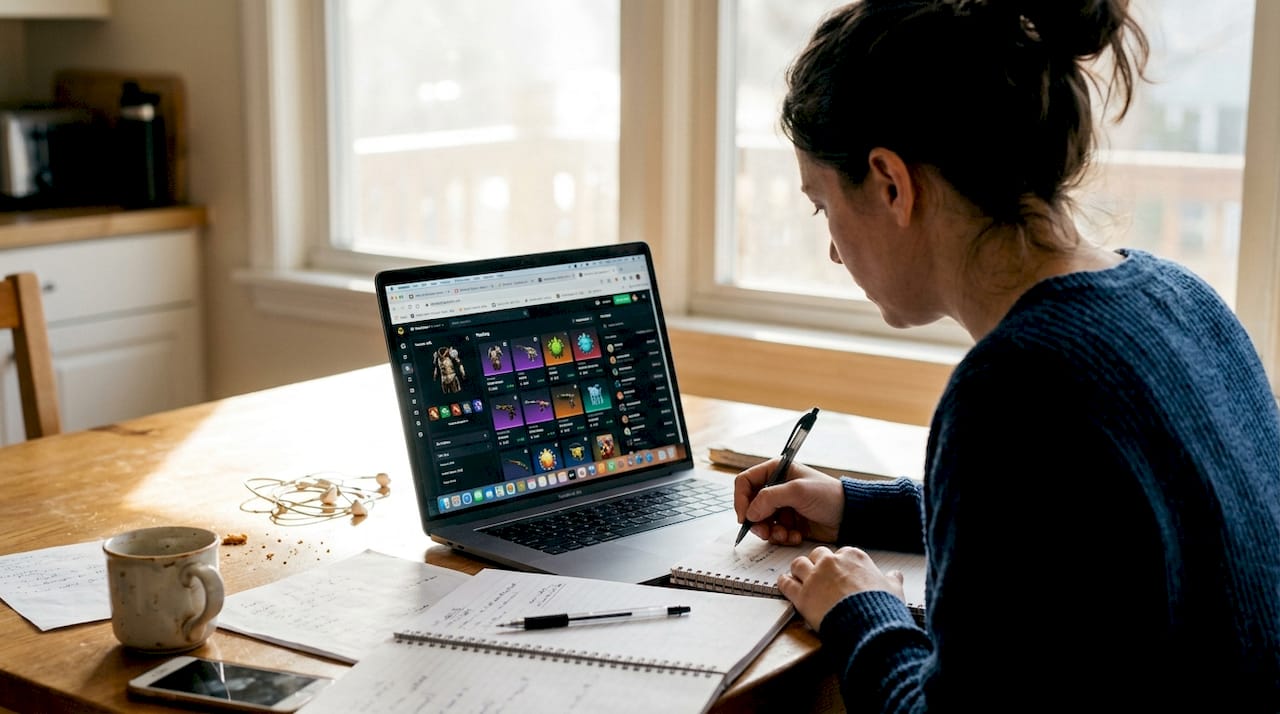 Woman researching skin gambling at kitchen table