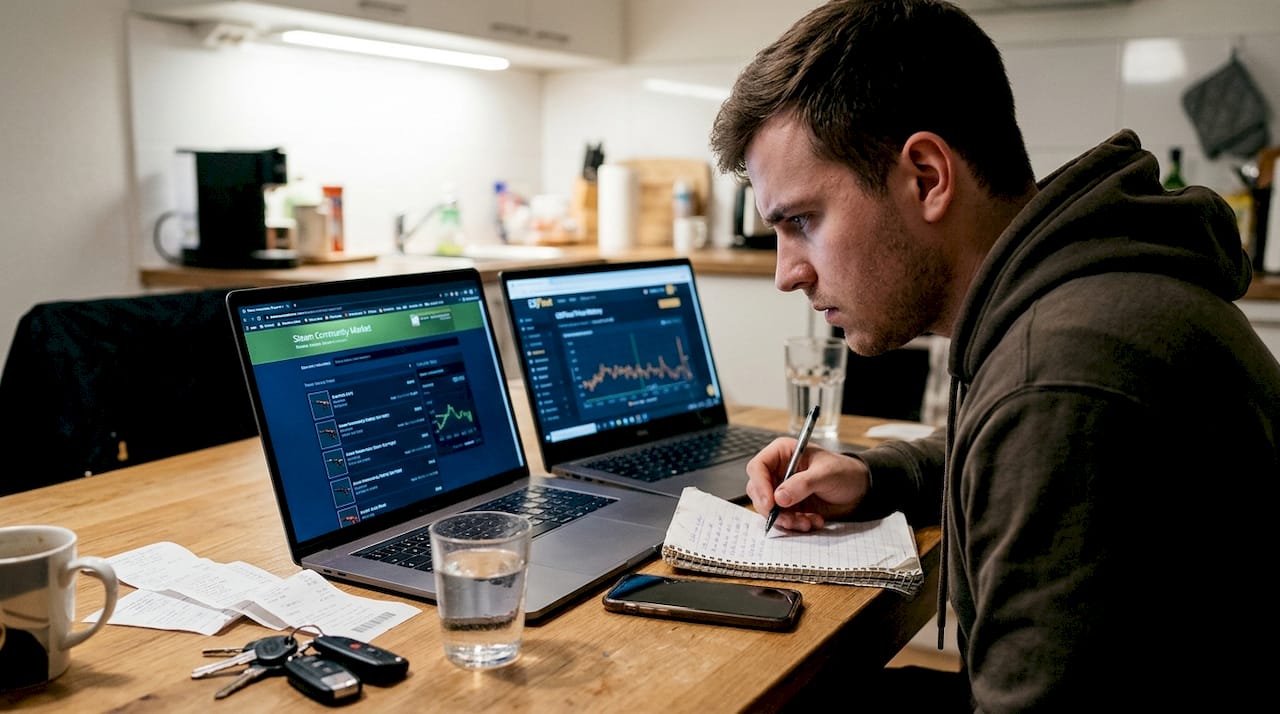 Person double-checking CS2 skin prices online