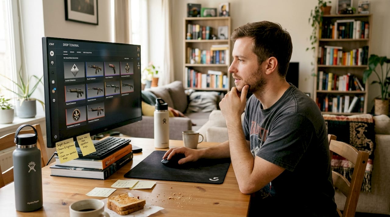Gamer using CS2 drop terminal in home setting
