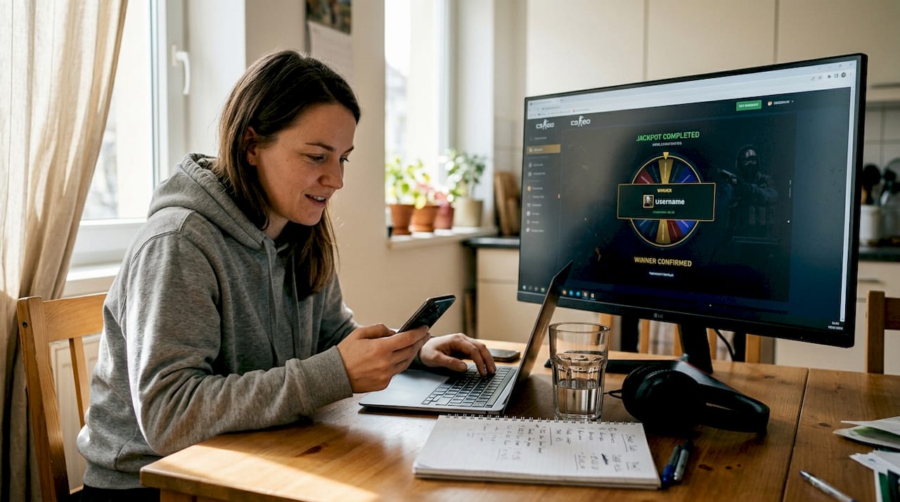 Player checks CS:GO jackpot result at kitchen table