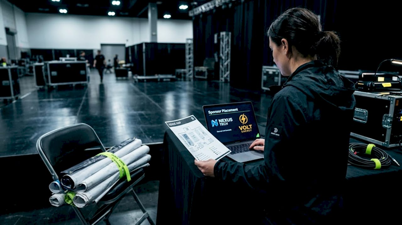 Event staff updating sponsor placements backstage