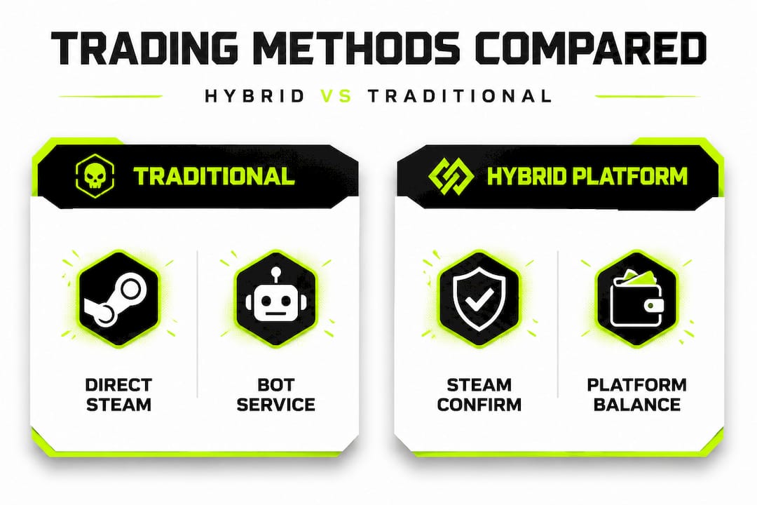 Infographic comparing hybrid versus traditional skin trading