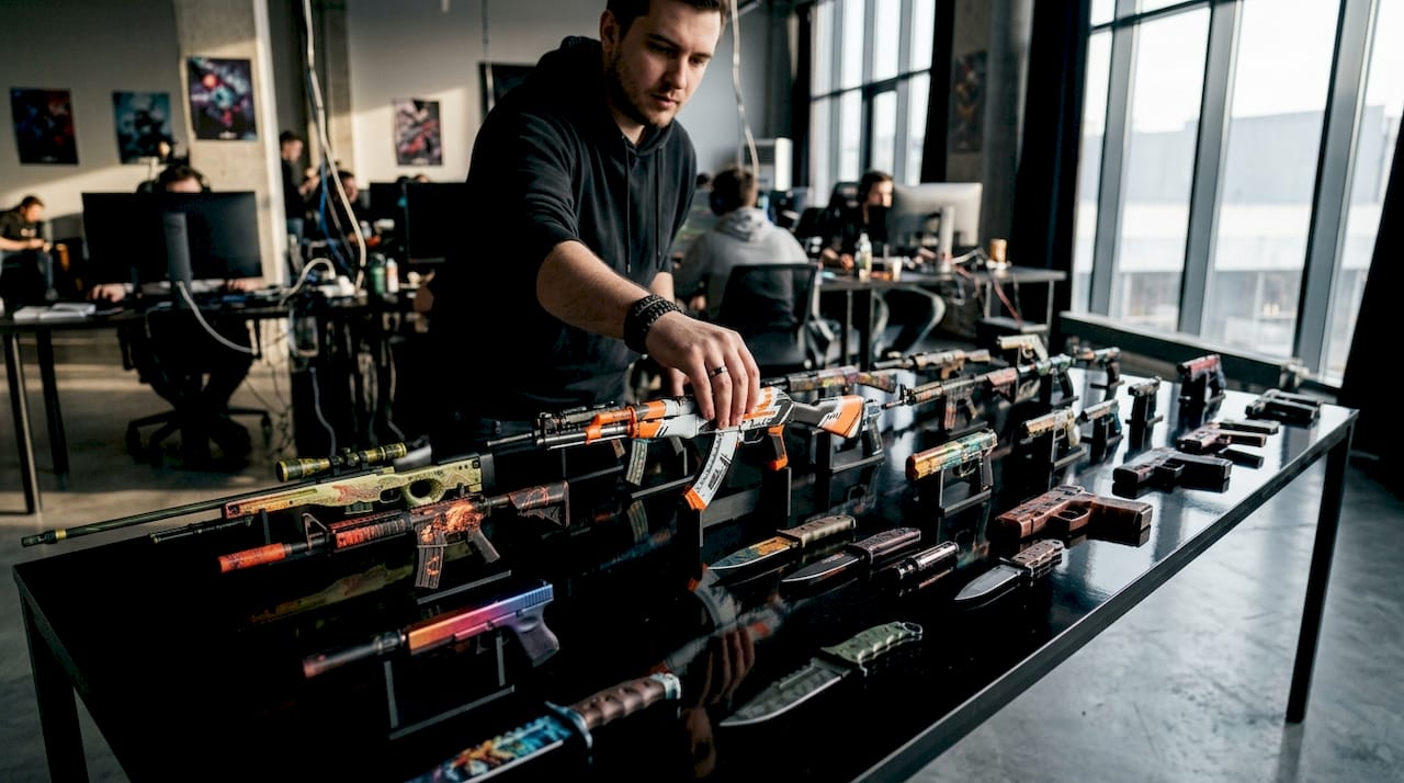 Close-up of CS:GO weapon skins replicas on table