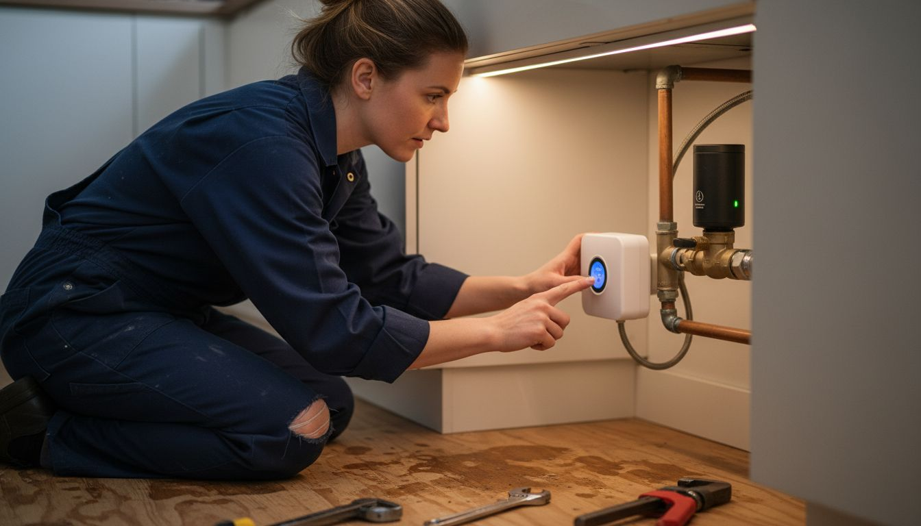 Technician resetting leak sensor under sink