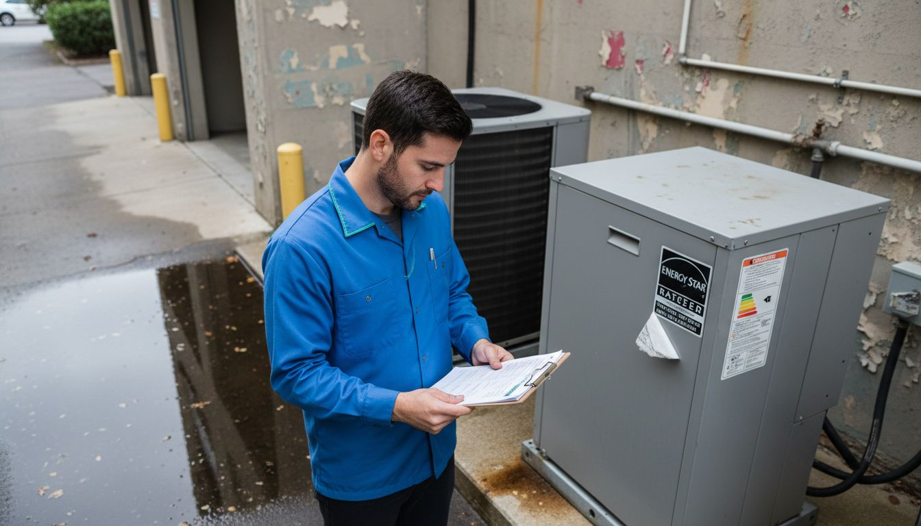 Inspector checking heat pump for sustainability
