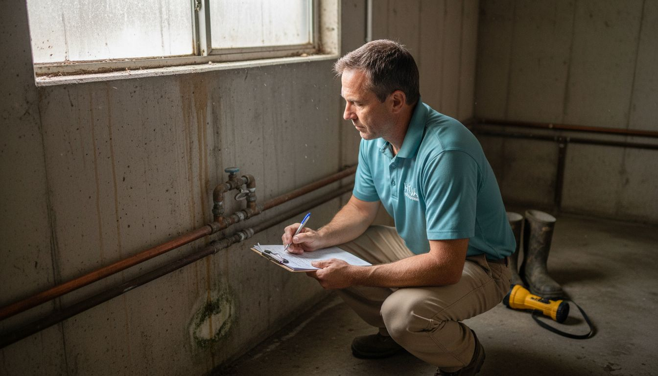 Inspector assessing water risks in basement area