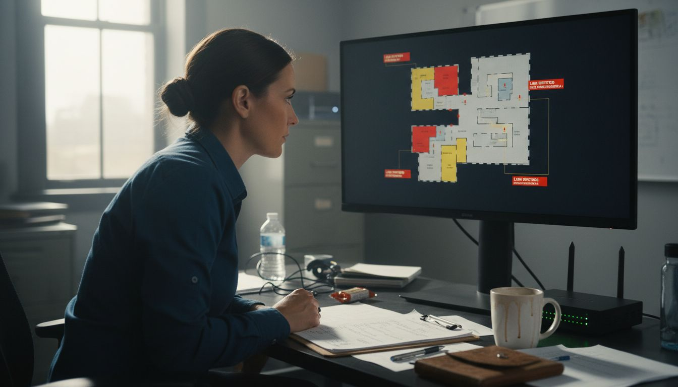 Manager reviews leak alarm dashboard in office