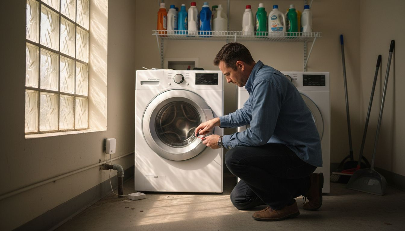 Property manager installing leak sensor under washing machine