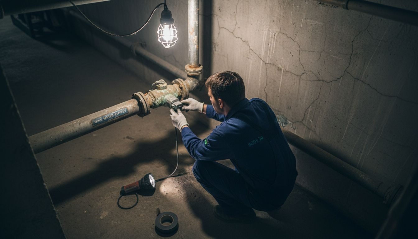 Technician adjusts pressure sensor on pipe