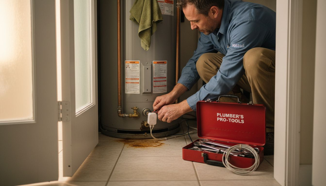 Technician installing sensor near water heater base
