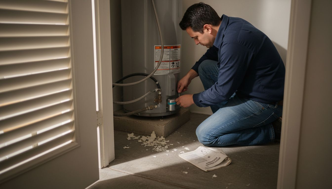 Technician installs leak sensor under water heater