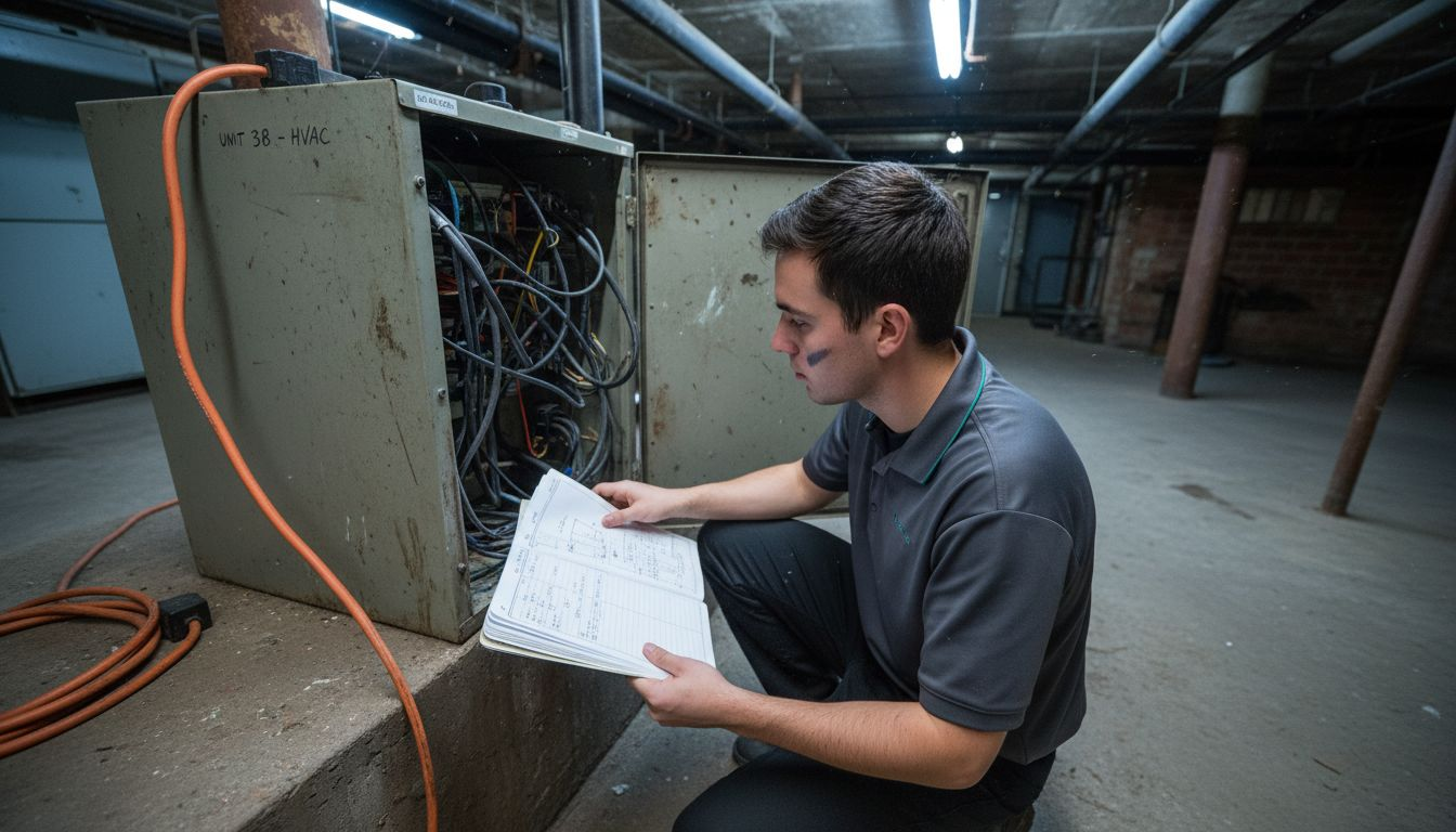 Technician documenting leak sensor system setup