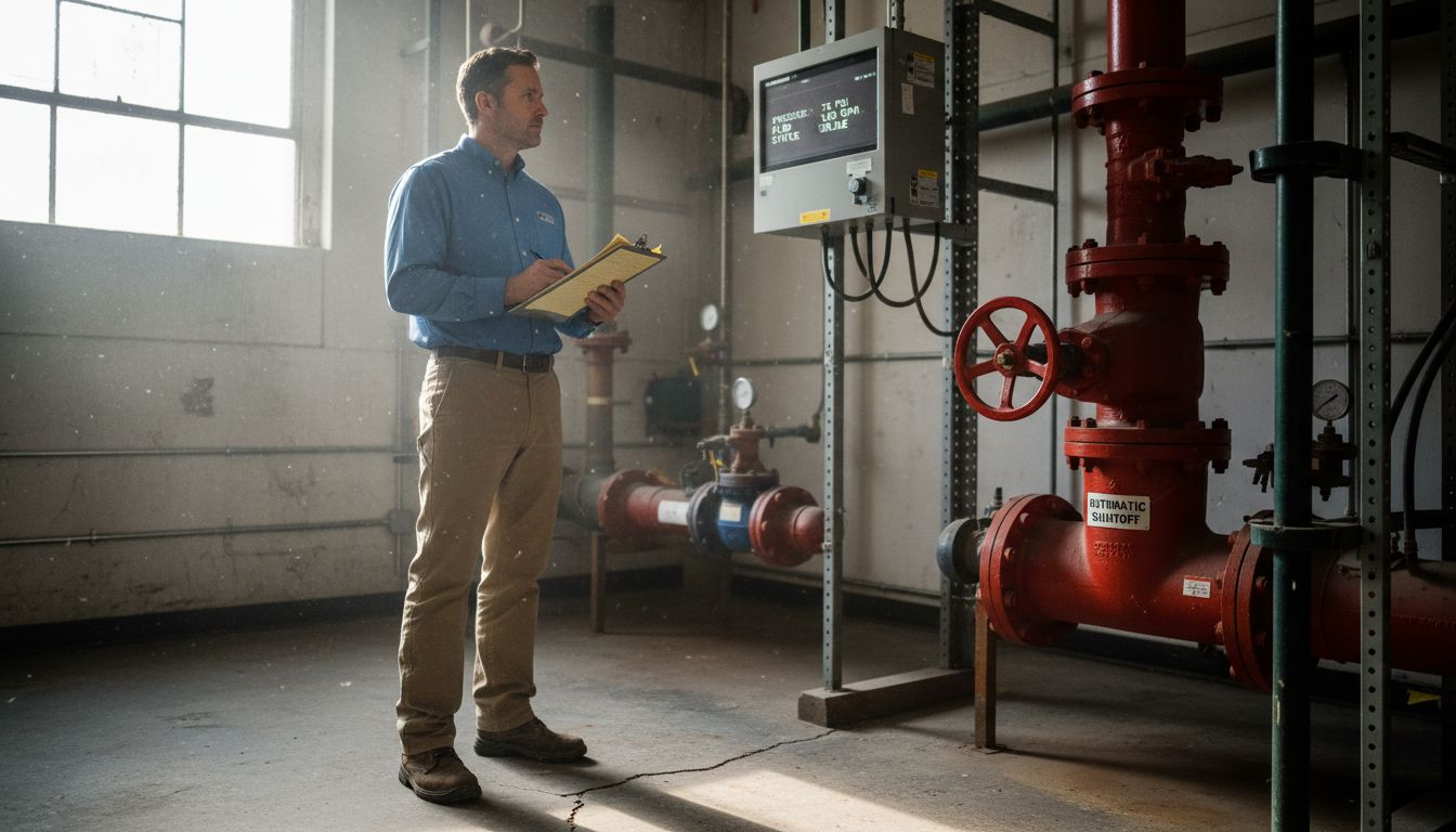 Facility manager inspects automated shutoff valve