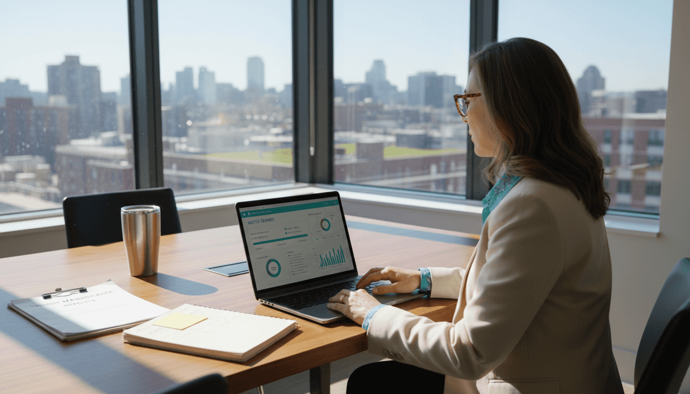 Manager reviews water usage dashboard on laptop