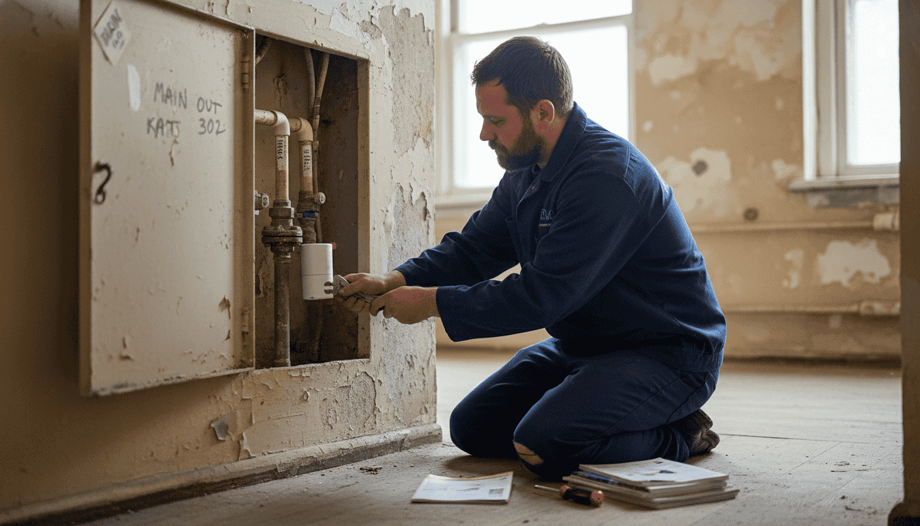 Plumber installs smart shutoff valve in hallway