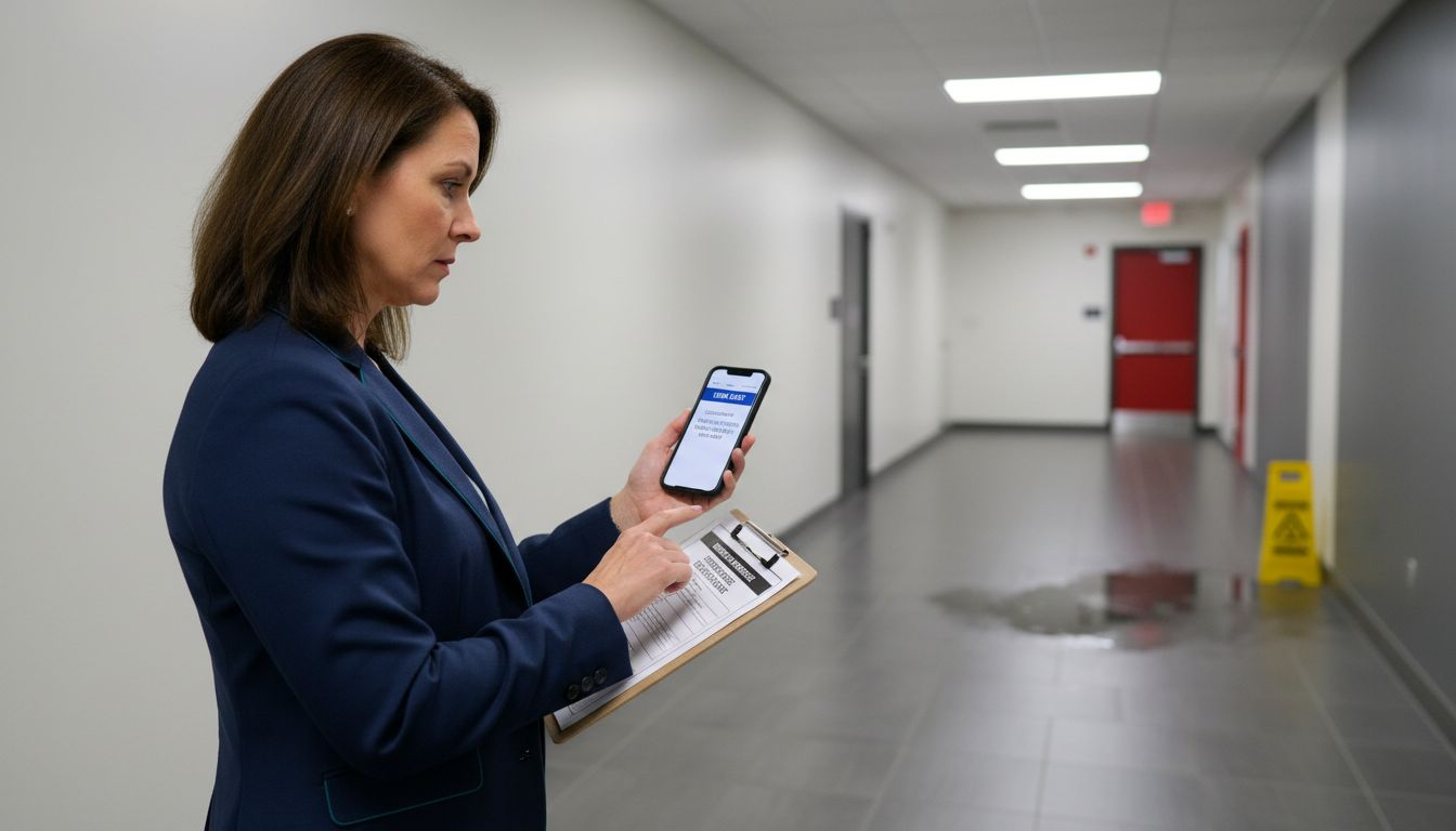 Property manager checks leak alert in hallway