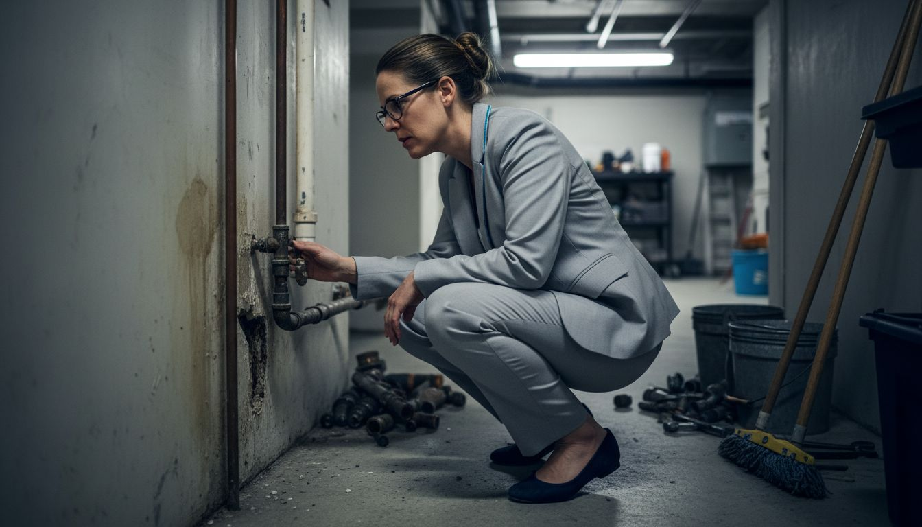 Manager inspects water-damaged basement pipes