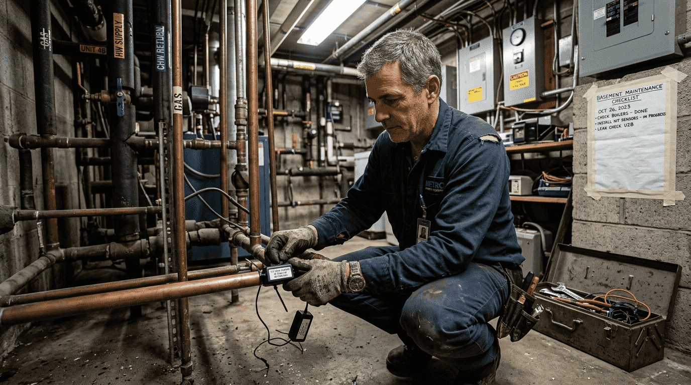 Technician installing IoT water sensor