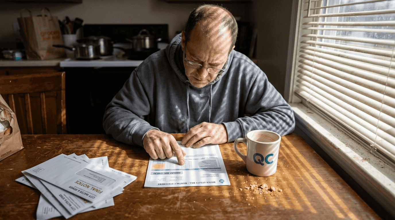 Tenant reviewing detailed water bill at kitchen table