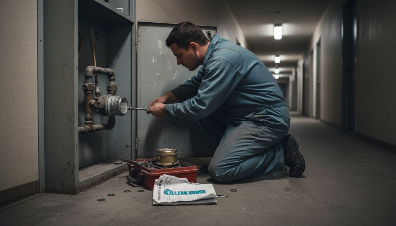 Worker replaces water meter in utility closet
