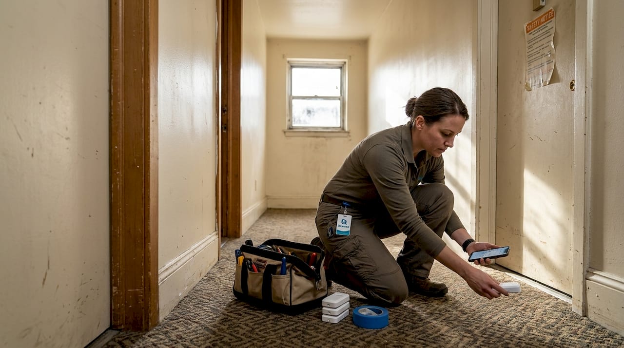 Technician installs moisture water sensor